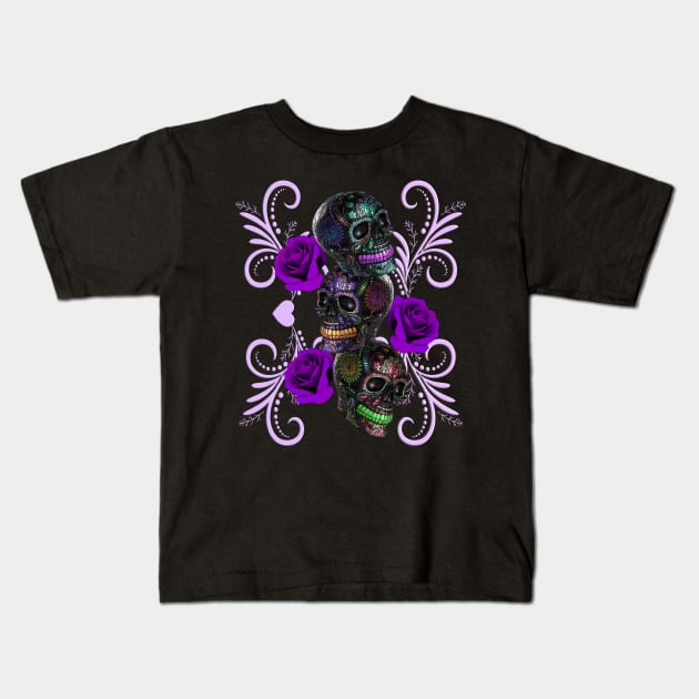 Triple Black Day Of The Dead Skulls Purple Roses Kids T-Shirt by Atteestude